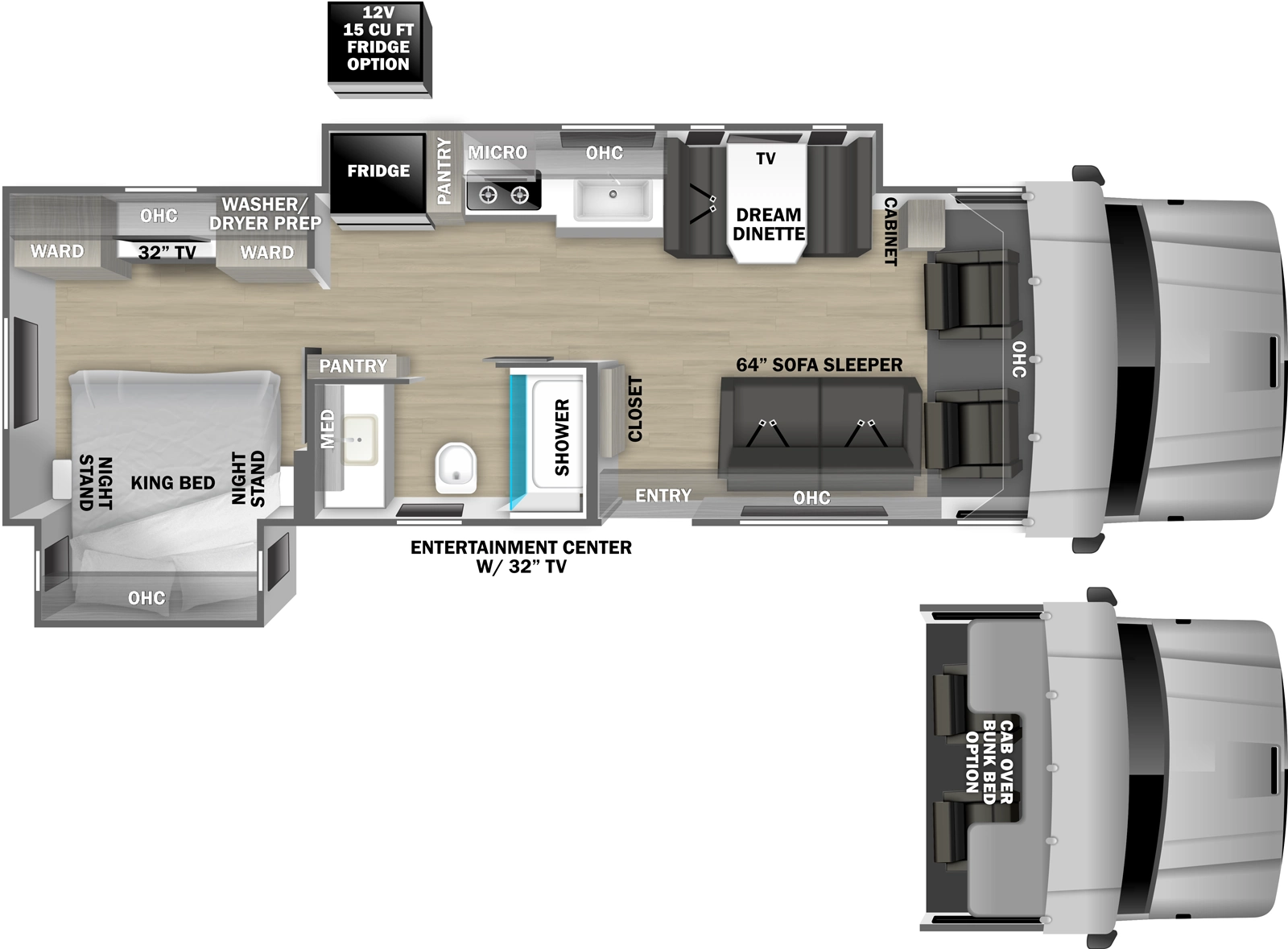 The 32KD has two slideouts and one entry. Exterior features entertainment center with TV. Interior layout front to back: front cockpit with overhead cabinet (optional cab over bunk bed); off-door side cabinet, and slideout with sofa sleeper, overhead cabinet, kitchen counter with extension, sink, microwave, cooktop, pantry, and refrigerator; door side dream dinette, overhead cabinet, entry door, TV, and side aisle full bathroom with medicine cabinet; rear bedroom with door side king bed slideout with overhead cabinet and night stands on each side, and off-door side wardrobes with washer/dryer prep, overhead cabinet, and TV.
